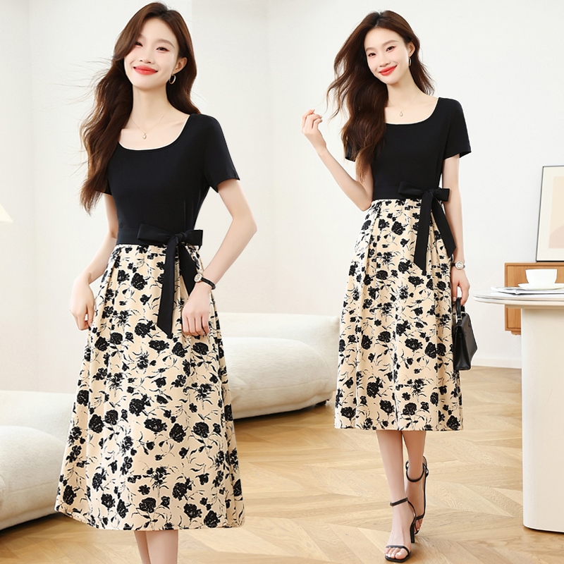 实拍冰爽澳棉蜂腰比例！方领拼接连衣裙裙子女复古爆款收腰长裙