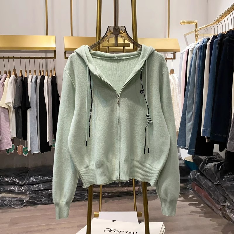 2025早春季韩系时尚新款双拉链连帽针织开衫外套女休闲减龄上衣