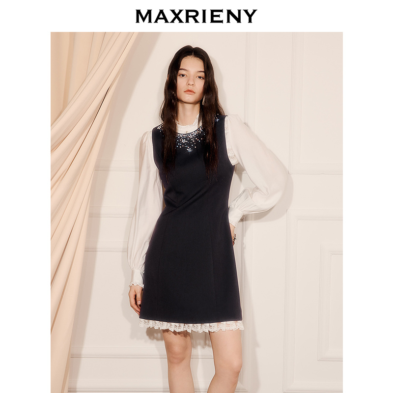 【商场同款】MAXRIENY背心连衣裙25冬重工钉钻钉珠宴会晚宴长裙