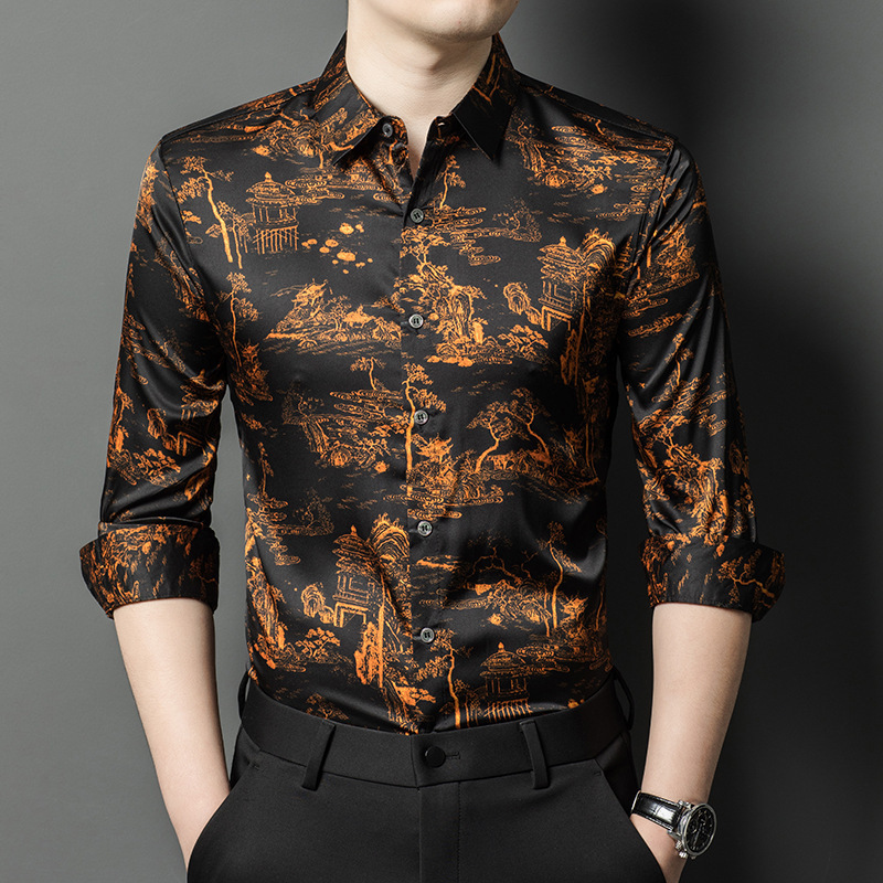 富乌秋季长袖衬衫时尚休闲爸爸装商务潮流衬衣薄款男装含桑上衣