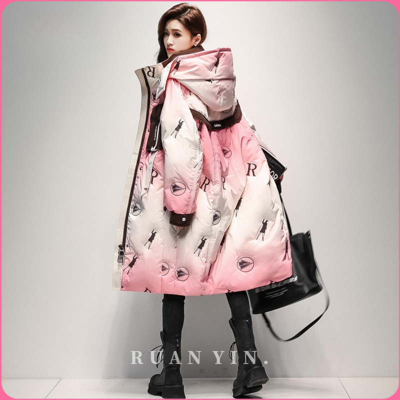 RUAN YIN潮款撞色连帽羽绒外套中长版过膝女2025冬季新款加厚时尚