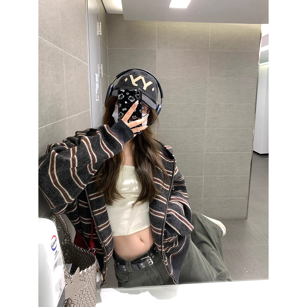 韩系宽松慵懒休闲条纹针织连帽卫衣女长袖百搭外套上衣 60820