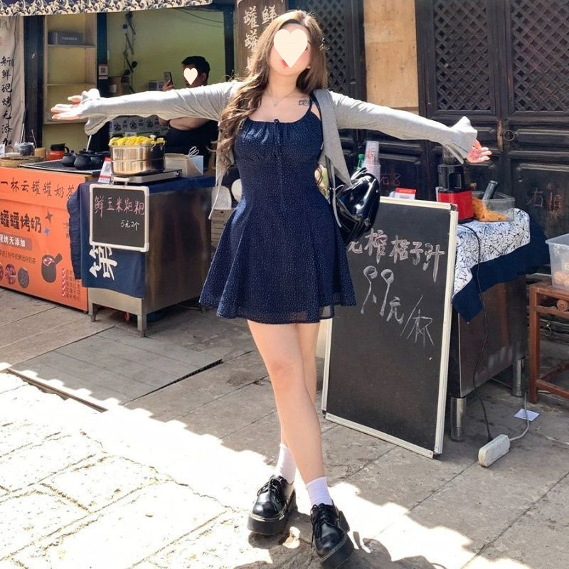 大码胖mm碎花波点小清新连衣裙女修身显瘦夏季防晒针织开衫两件套