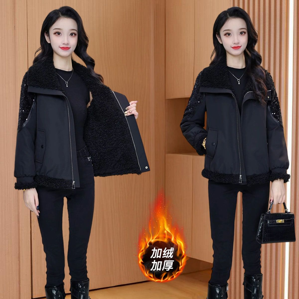 品牌小个子短款时尚毛呢外套女2025新款妈妈宽松加绒加厚爆款外套