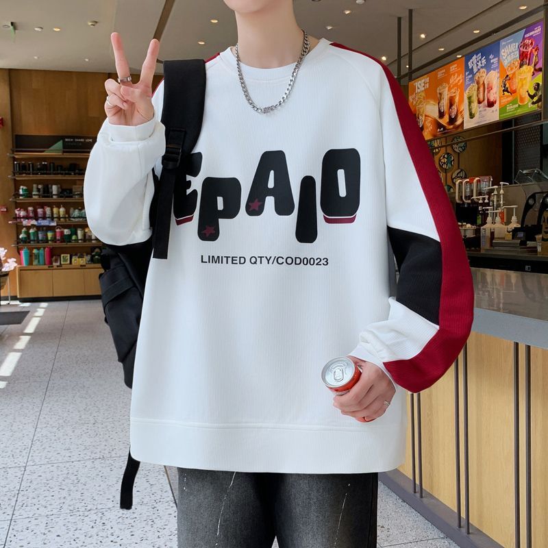 2025新款男士字母印花卫衣潮流拼接圆领T恤宽松帅气打底长袖上衣