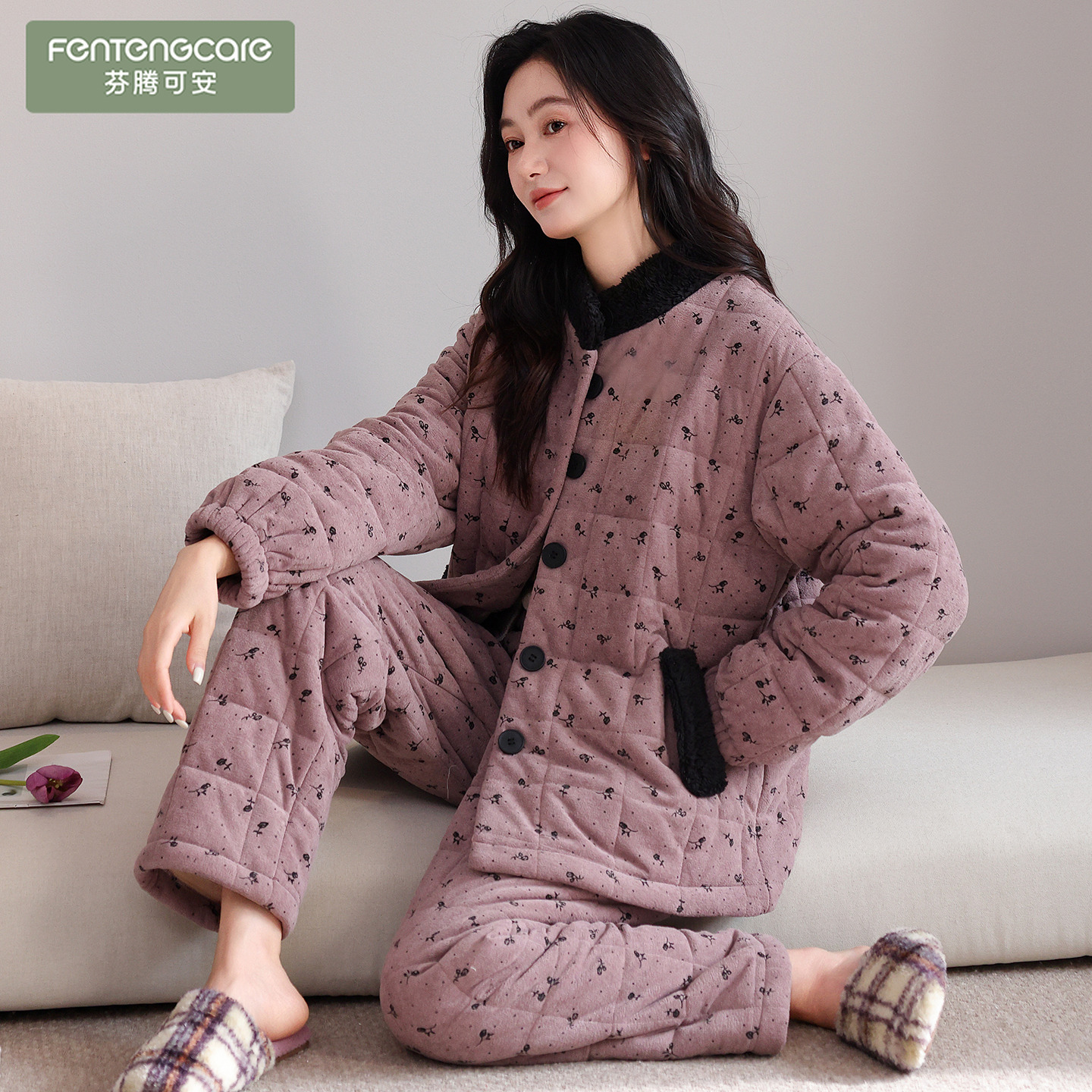 芬腾可安2025新款秋冬季天女士三层夹棉睡衣保暖套装珊瑚绒加绒加