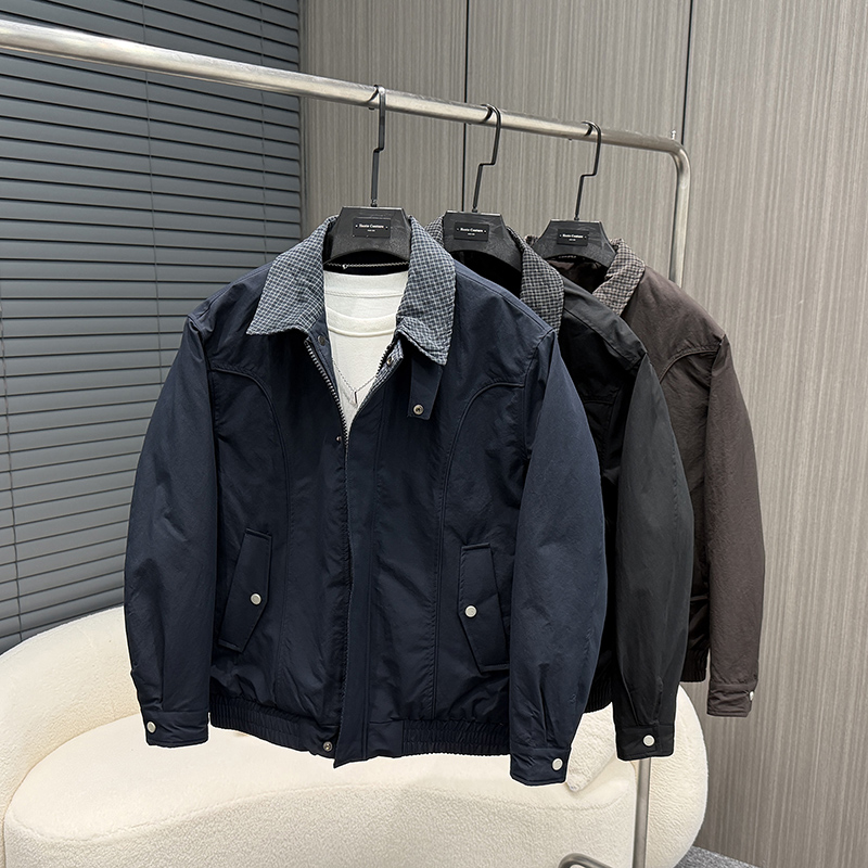 男士2025冬季新款休闲加厚二棉夹克潮牌高端格子拼接翻领夹棉外套