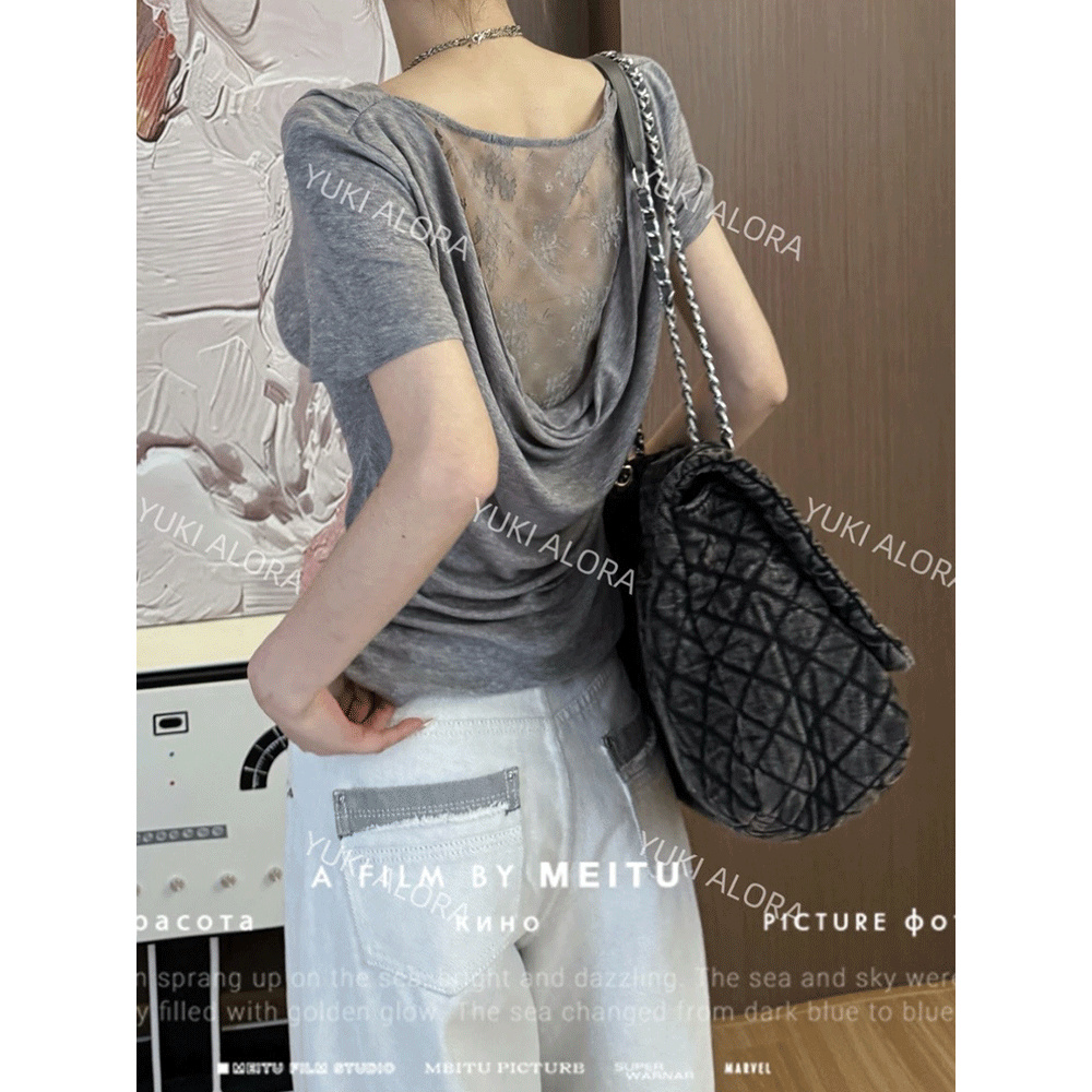 韩系氛围感纯欲后背网纱设计灰色短袖t恤女夏季新款荡领显瘦上衣