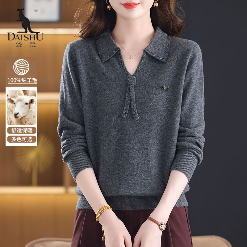 袋鼠秋冬新款翻领100%纯羊毛衫女洋气妈妈宽松春秋大码红色毛衣女