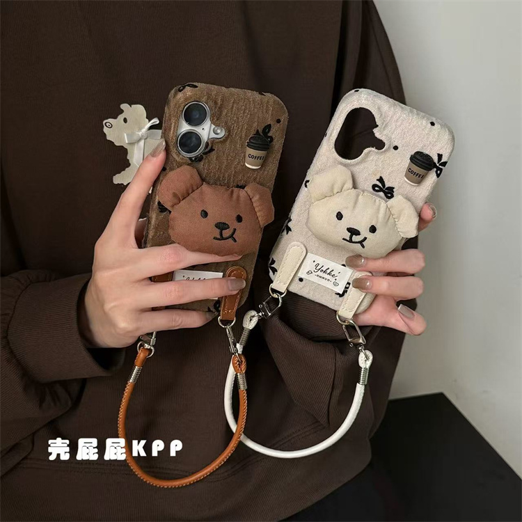 ins秋冬充棉咖啡小熊适用iPhone17promax手机壳16pro手提15promax