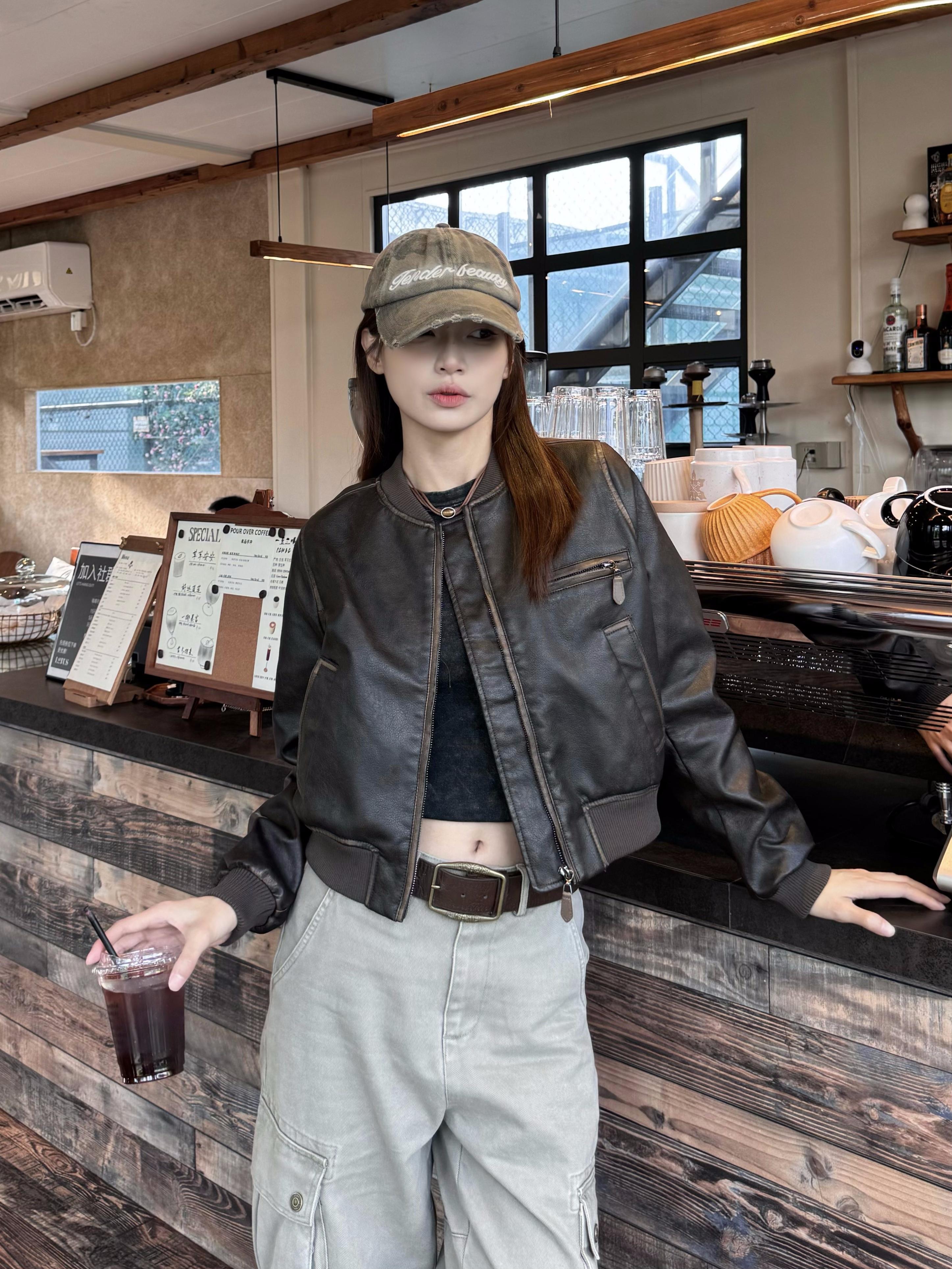 手工擦旧复古短款机车皮衣夹克女2025秋季新款美拉德时尚上衣外套