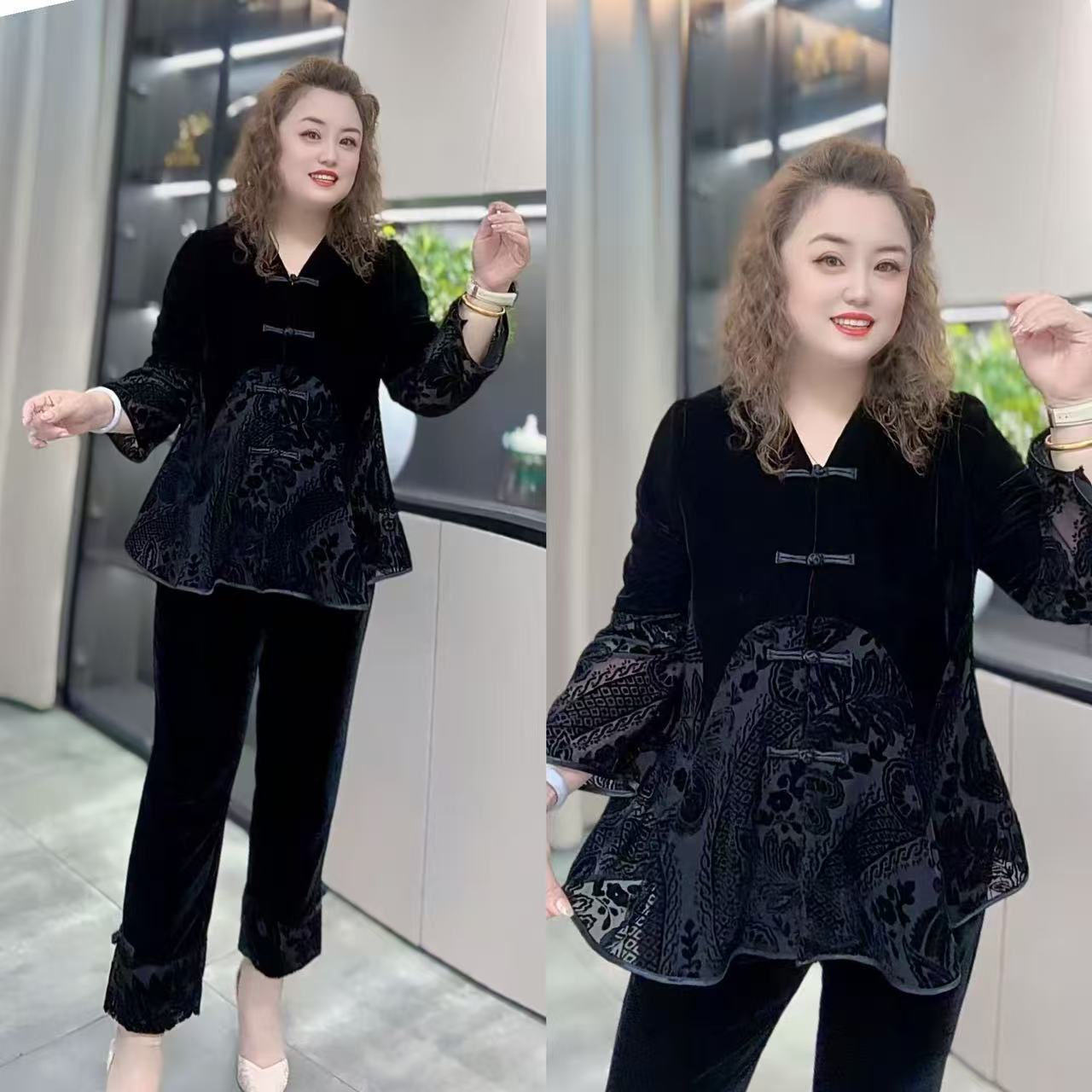 3717（丹姐家）V领暗花底摆盘扣上衣九分裤胖妹妹显瘦复古风两件套