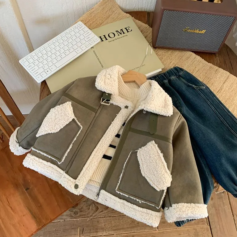 男童时髦皮毛一体加绒外套2025冬装中小童羊羔绒上衣加厚机车服潮