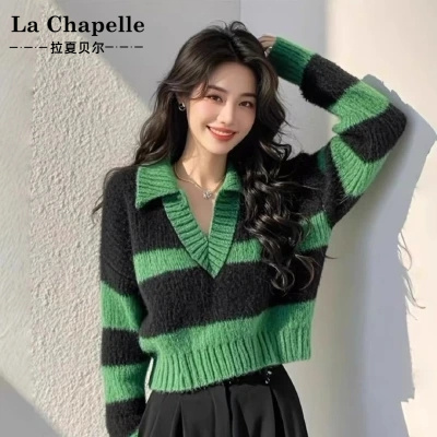 拉夏贝尔2025春秋新款复古撞色翻领显瘦毛衣女条纹打底针织衫长袖