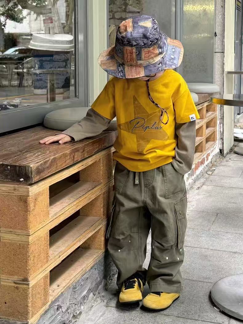 韩版童装男童秋装套装2025新款洋气酷帅百搭工装裤宝宝假两件t恤