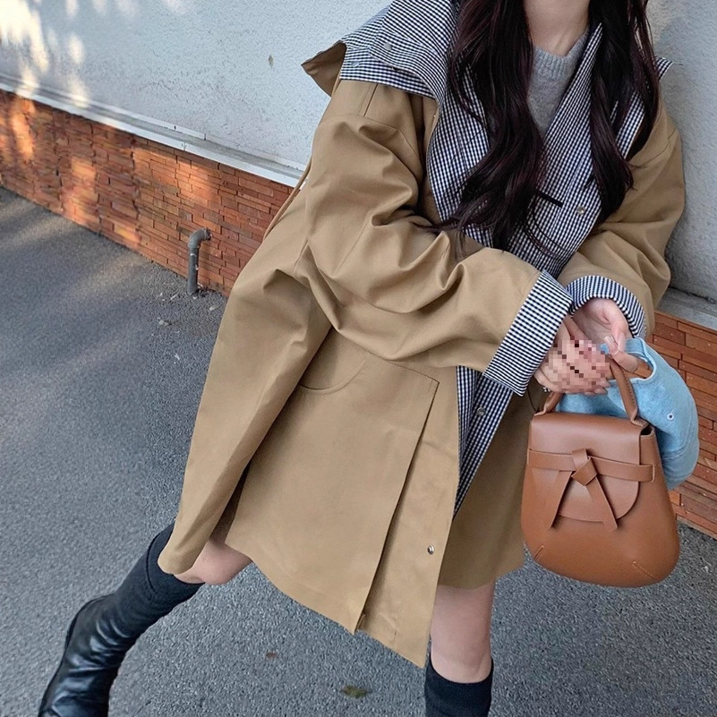 Z1 2025连帽风衣外套松弛感法式秋季感格子拼接两穿工装大衣休闲
