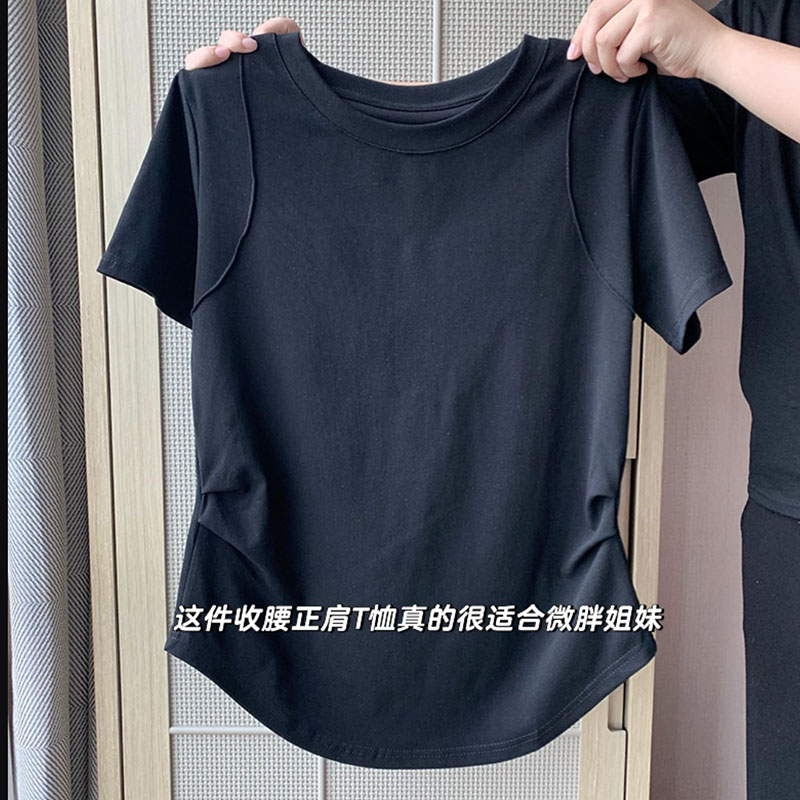 大码200斤小众纯色圆领正肩褶皱短袖t恤女设计夏季百搭显瘦上衣潮