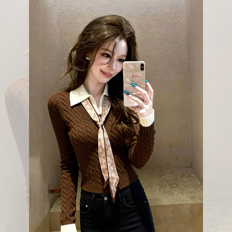 独特漂亮内搭假两件小衫女秋冬装咖色翻领打底针织衫洋气高贵上衣