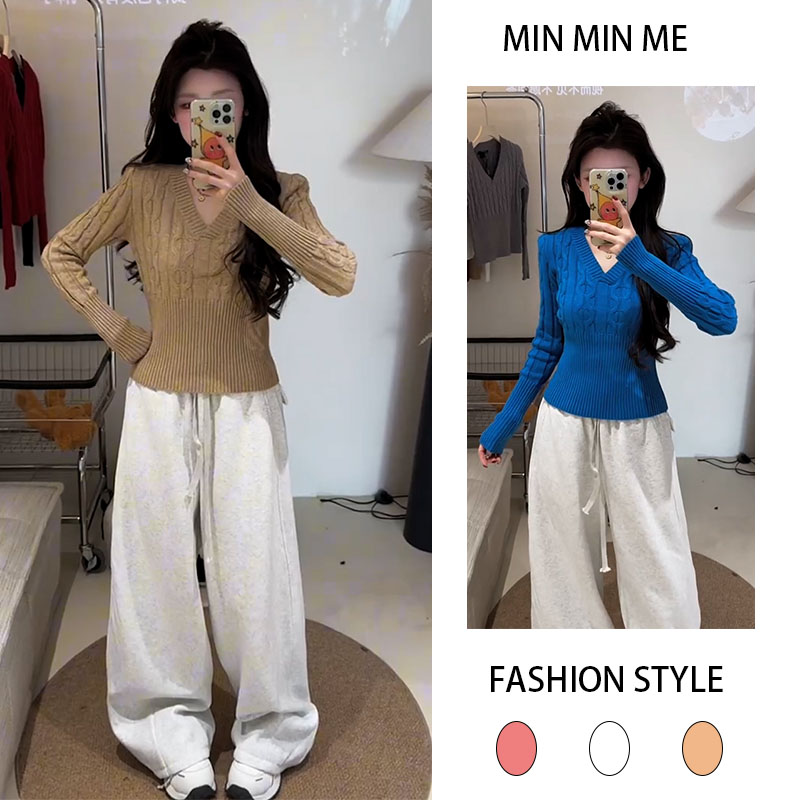 2025秋冬季新款设计感轻熟风V领针织上衣女搭配休闲阔腿裤两件套