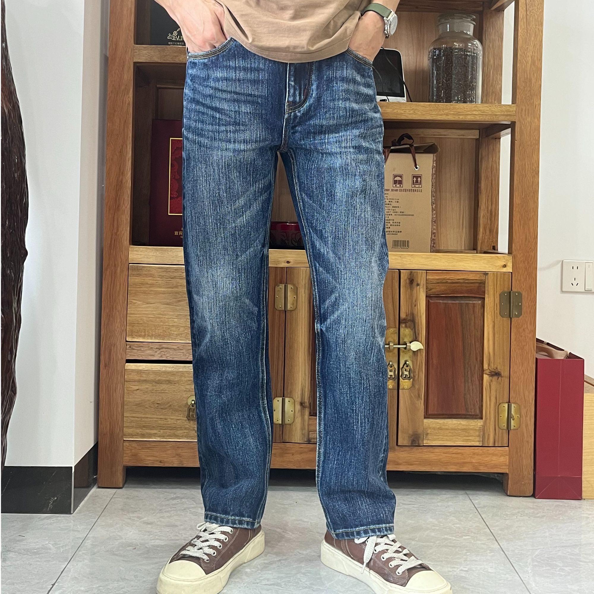 DARRIWIL［极光绿］19盎司加厚赤耳丹宁秋冬水洗男士牛仔裤直筒百搭