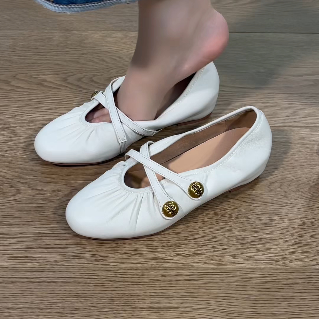 单鞋平底温柔韩风圆头拉皱交叉带韩风时尚气质玛丽珍单鞋女款春秋