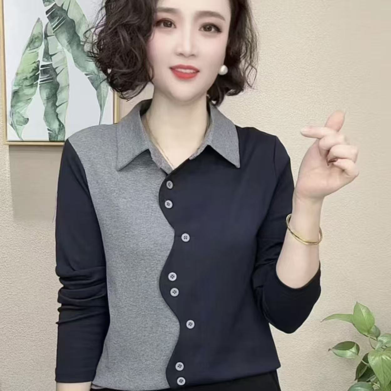 衬衫春秋新款减龄时尚洋气拼接妈妈上衣气质显瘦长袖百搭打底