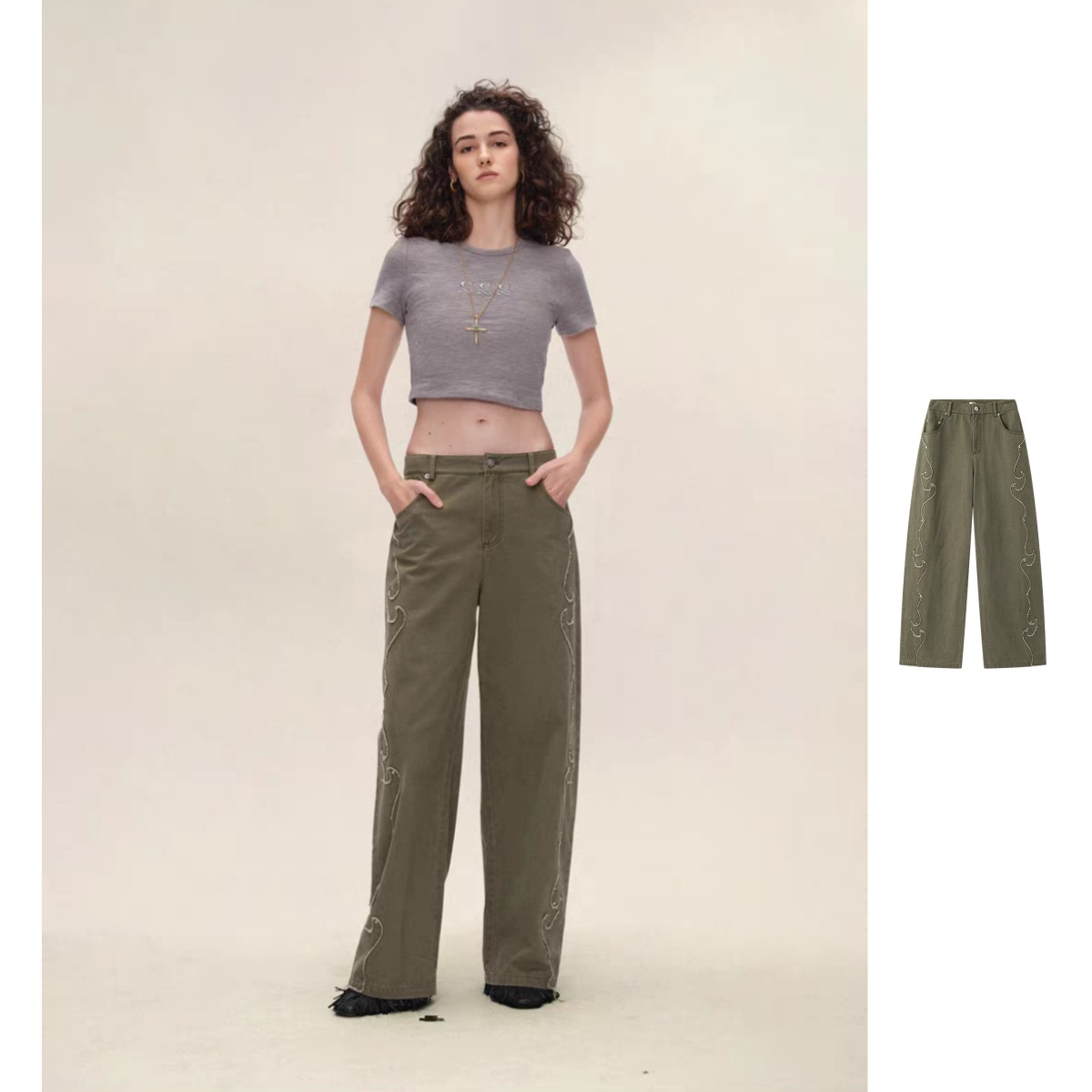 Vena label  25秋季新品复古军绿色花边刺绣休闲裤长裤女