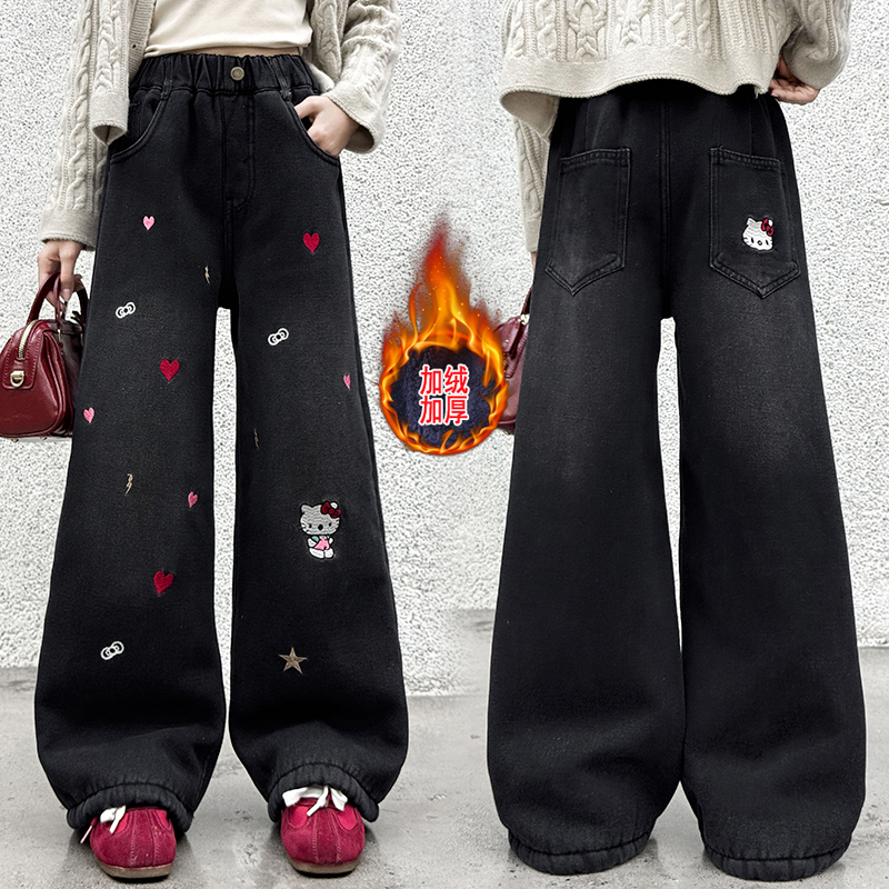 女童冬季加绒加厚裤子儿童冬装直筒裤大童一条过冬牛仔裤2025新款