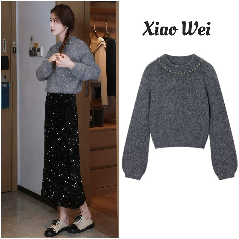 巨好看的秋冬2025超火穿搭一整套灰色针织毛衣亮片半身裙显瘦套装