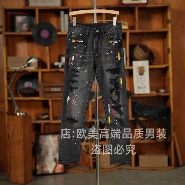 秋冬季高端美式泼墨彩绘破洞补丁男士黑色牛仔裤修身小直筒弹力潮