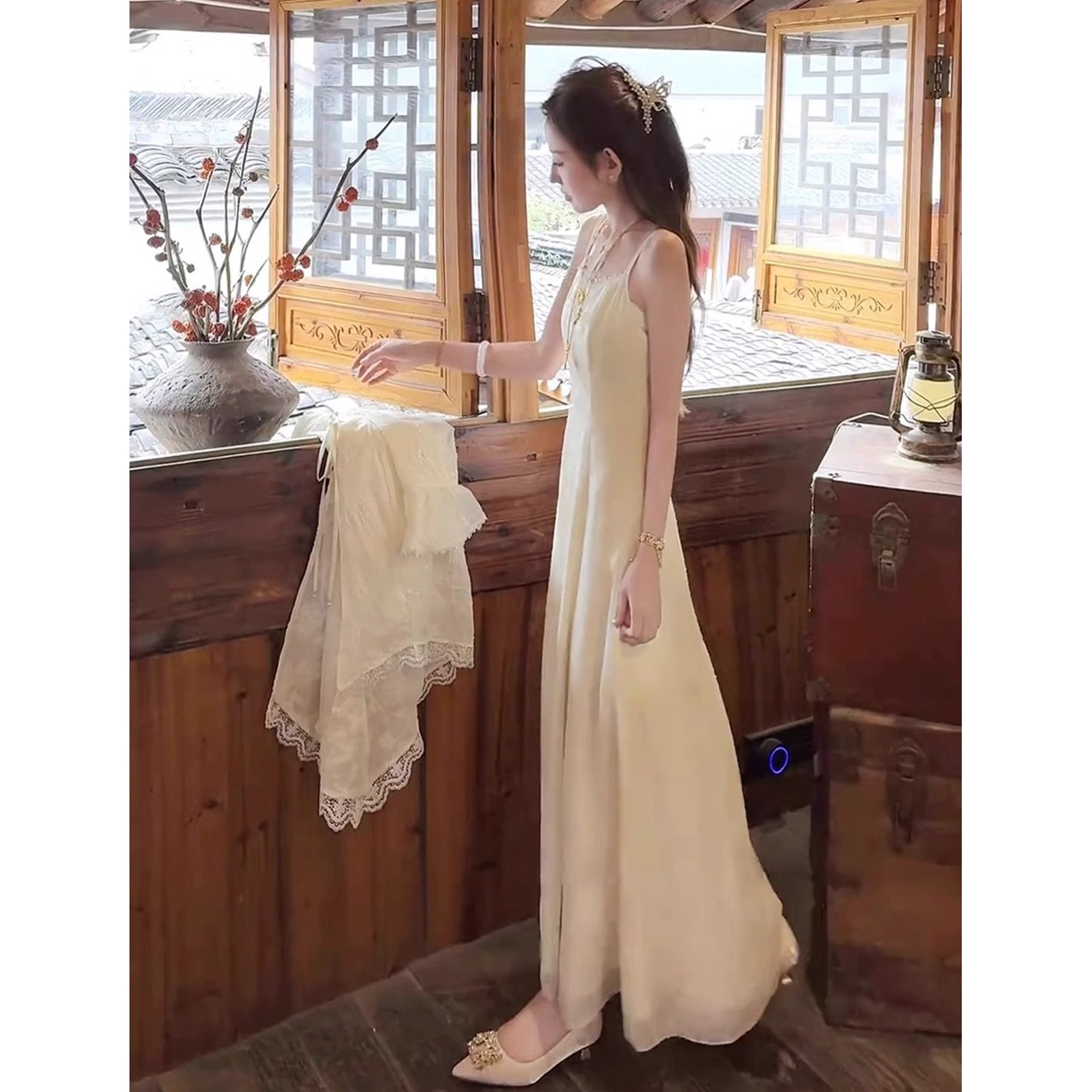 新中式国风旗袍套装女大码胖mm披肩上衣吊带连衣裙禅意温柔两件套