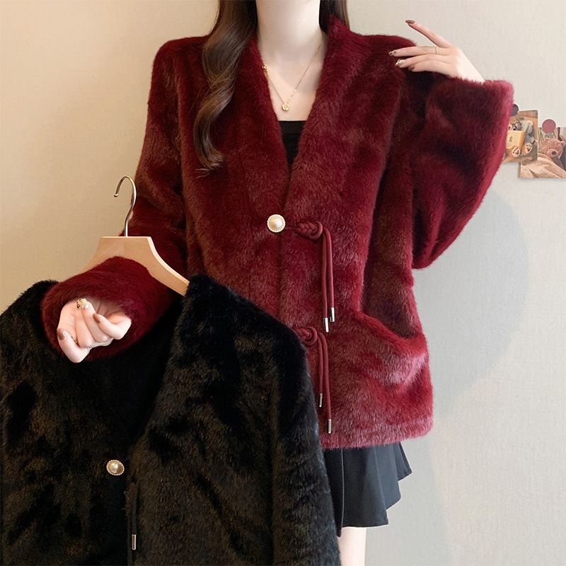 秋冬V领常规款秋冬新中式短外套中国风短款女民族风时尚