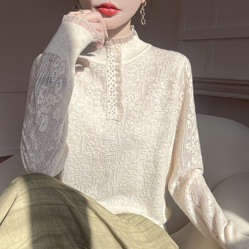 品牌时尚女装秋季薄款羊毛镂空珍珠针织衫内搭长袖外穿打底衫上衣
