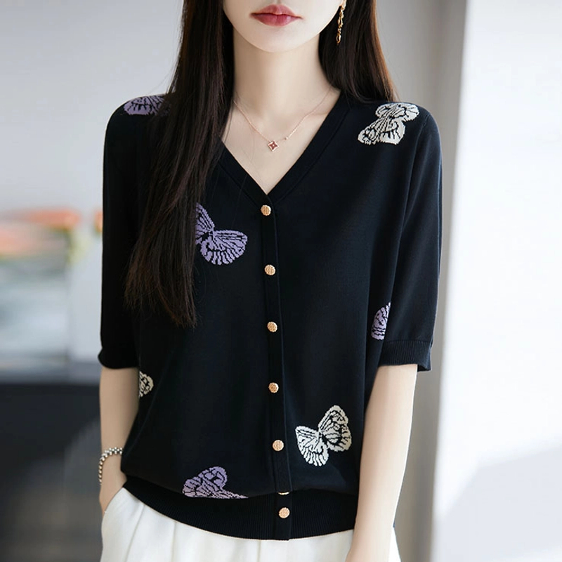 品牌女装正品时尚夏季新款V领针织衫假开衫女时尚百搭显瘦上衣