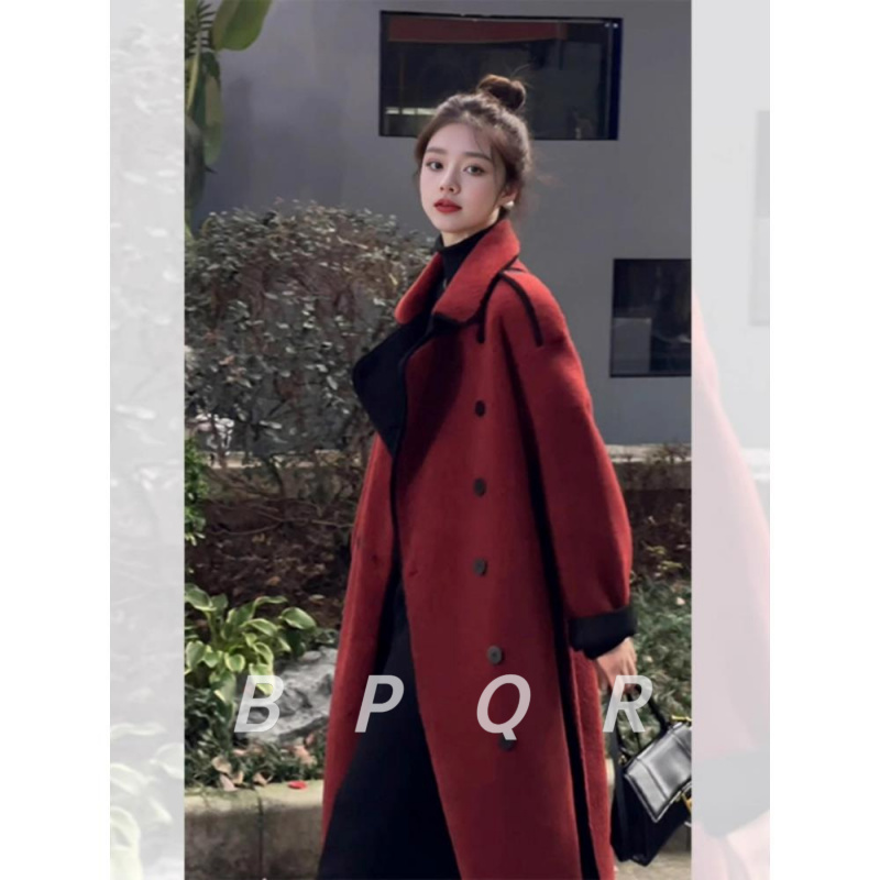 BPQR独特百搭大衣女款新款赫本风覆古红色本命长款保暖外套冬季