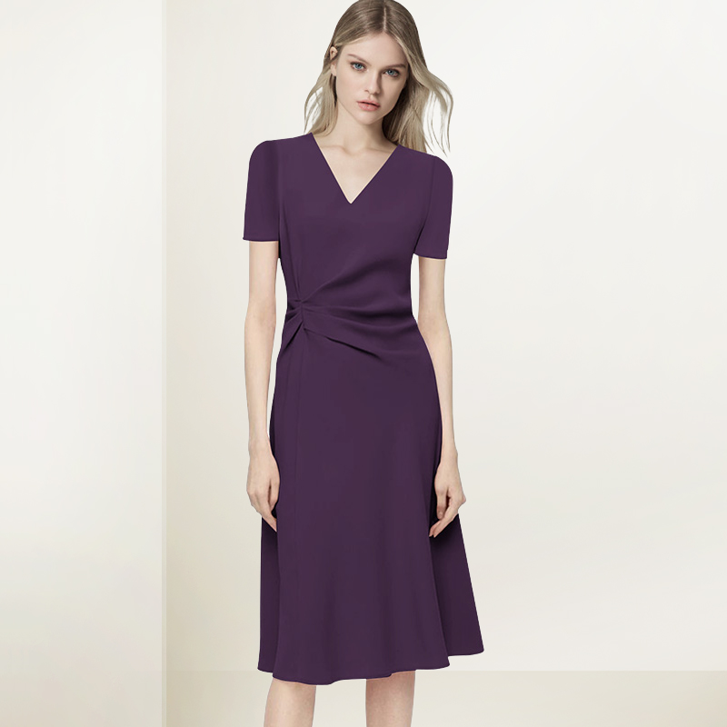 短袖V领连衣裙女2025年夏装新款气质显瘦收腰减龄紫色赫本中长裙