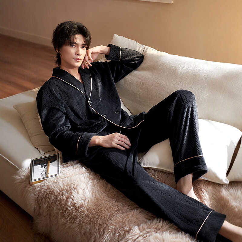 高档新中式睡衣男士秋冬季加绒珊瑚绒海岛绒中国风家居服男款套装