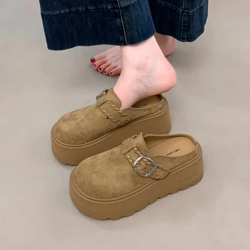 秋款厚底勃肯鞋小个子增高加绒包头半拖鞋女外穿2025冬季新款博肯