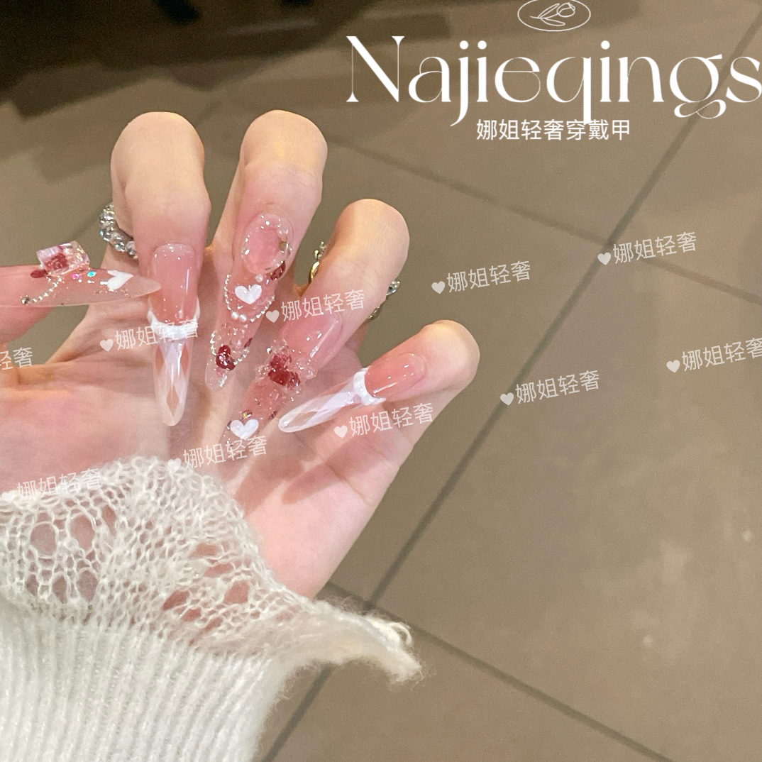 纯欲甜美方格透底蝴蝶结玛格丽特长款显白穿戴甲冰透气质小熊可爱