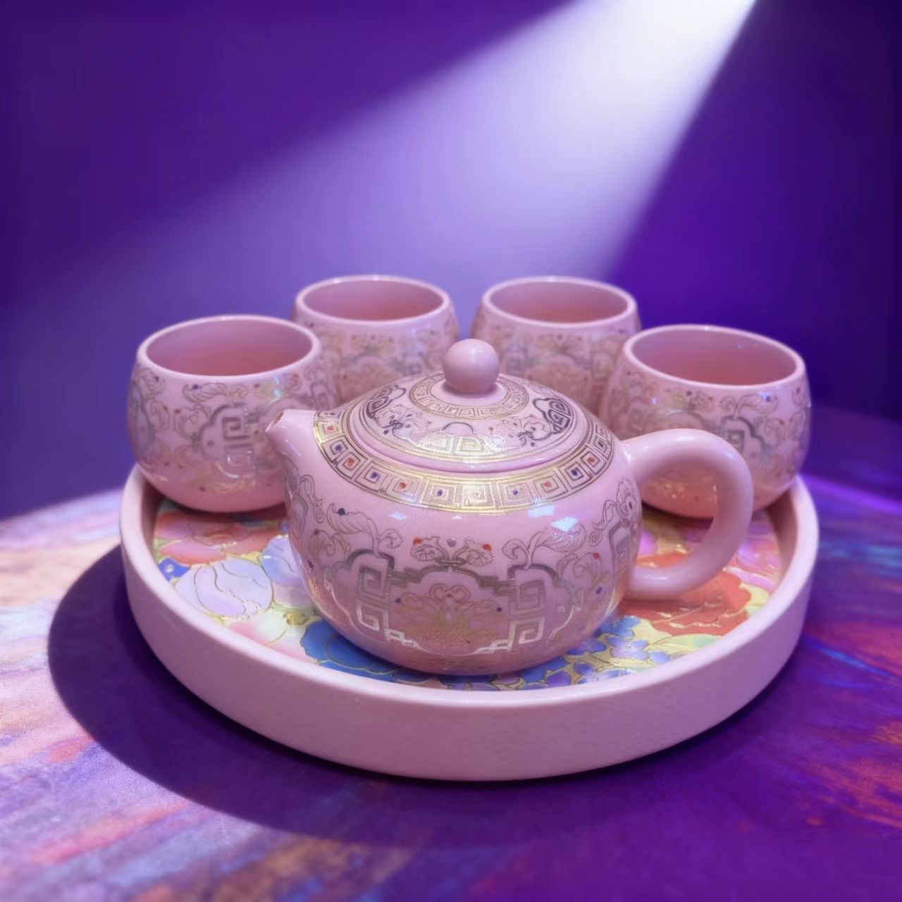 粉紫砂-金银措-一对天鹅-西施壶+4杯+圆形吸水盘+礼盒  2761  (D)