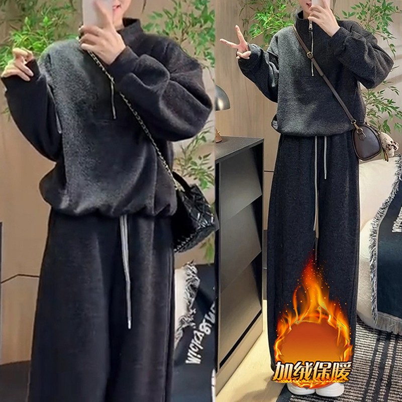 加绒保暖套装女秋冬季新款简约气质拉链高领卫衣弯刀裤加厚两件套