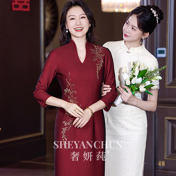 奢妍莼【凤舞】新款喜婆婆妈妈装显瘦礼服气质长袖高贵结婚酒红色