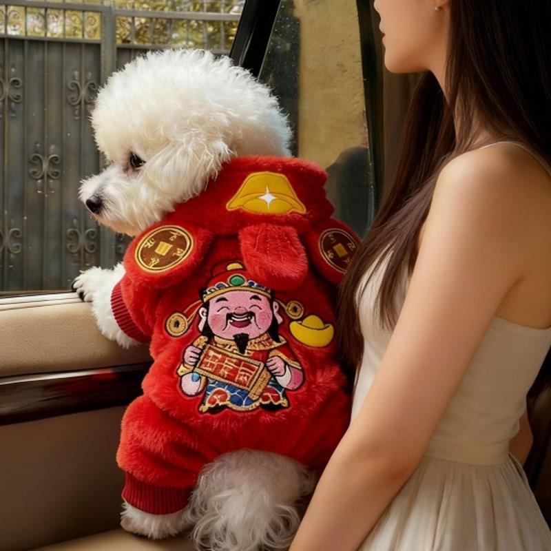 红色新年财神卡通毛绒连帽衫狗狗保暖加厚宠物服装秋冬加绒四脚衣