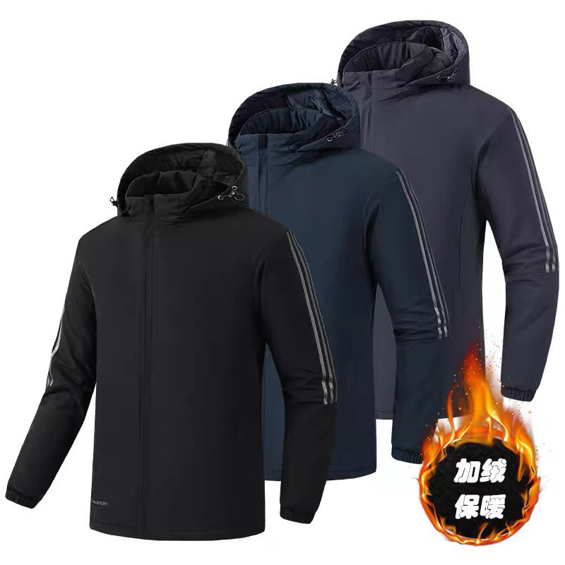 男士新款三条杠加绒棉衣外套大码防泼水保暖棉服可印LOGO