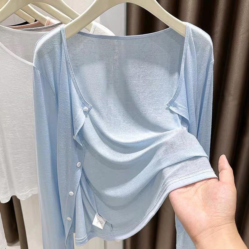 防晒衣女开衫外搭薄款蓝色外套圆领小披肩夏季配吊带裙子短款罩衫