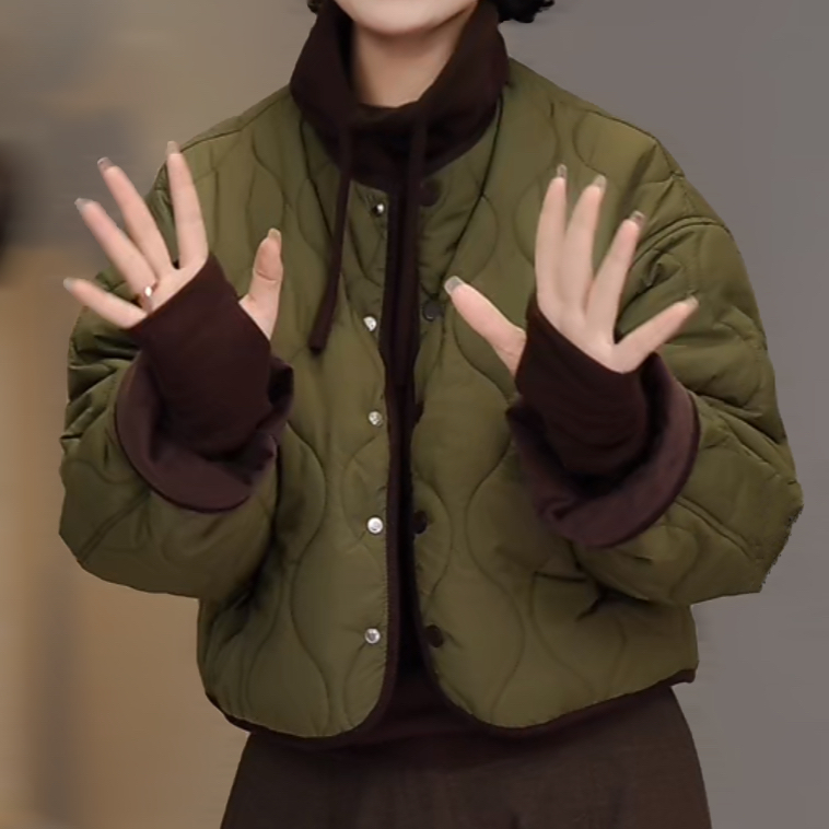 加厚保暖棉服外套女冬季新款宽松设计复古撞色单排扣圆领棉衣上衣