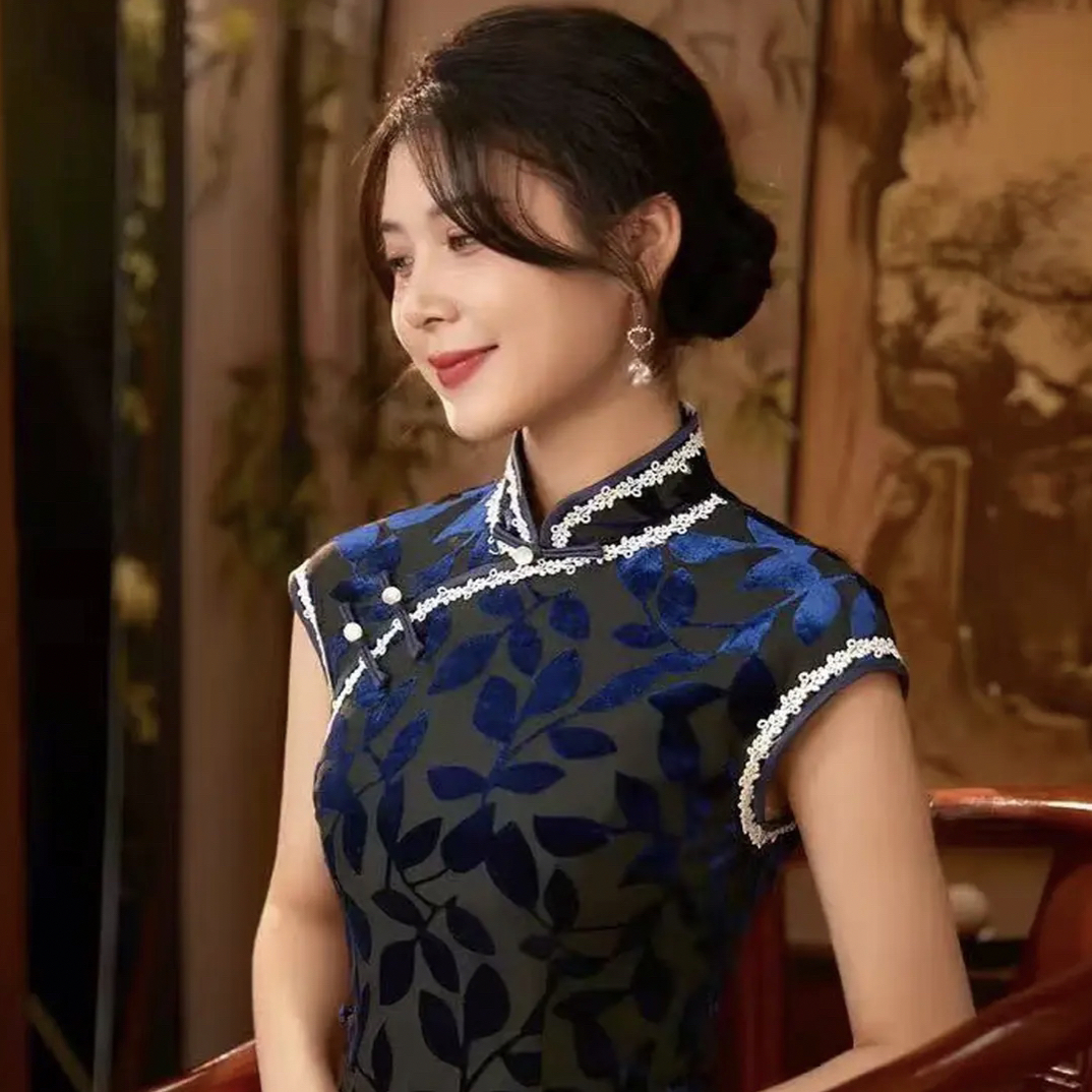 【心懂旗袍-南黎】高级感新中式蓝色旗袍复古端庄长款旗袍