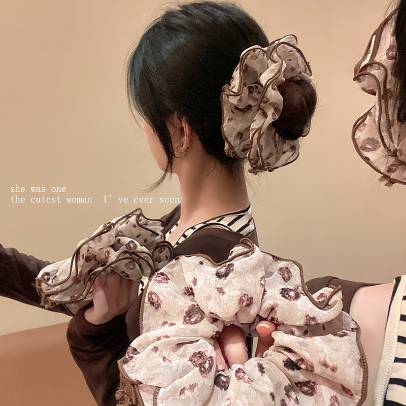 复古精致高级感韩国多层雪纺印花木耳边肥肠圈弹力扎马尾头绳发圈