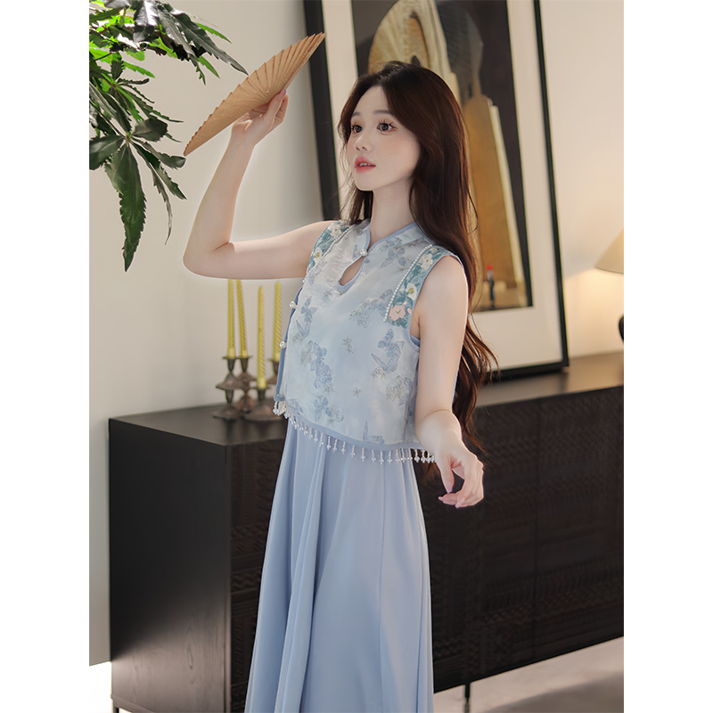 瑶西【华影】汉服蓝色旗袍海边绣花提花精致气质超仙新中式连衣裙