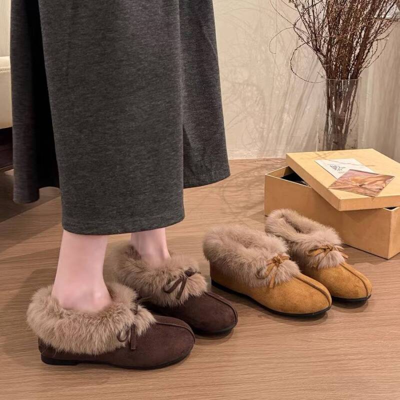 蝴蝶结毛毛鞋女2025冬季新款一脚蹬加绒保暖棉鞋内增高懒人鞋